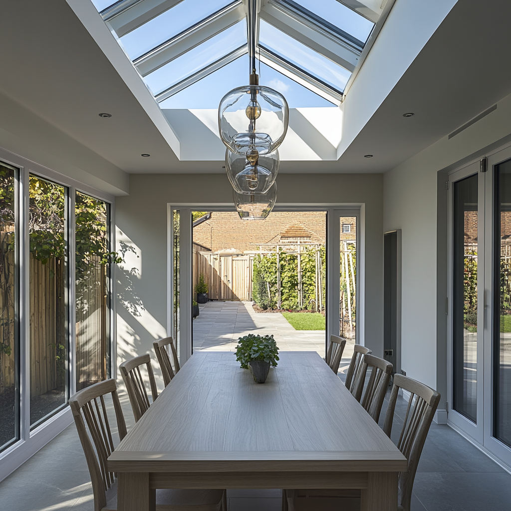 Luxury orangery extension with glass roof and dining area, matched via BestPriceValue