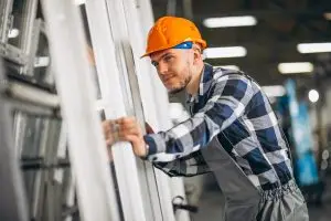 Factory worker inspecting machinery in a manufacturing plant