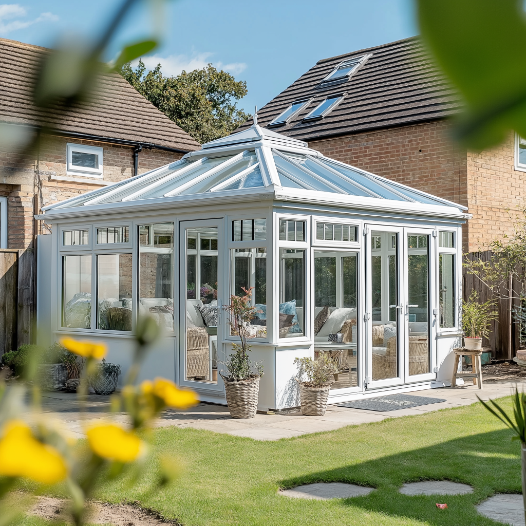 Modern glass conservatory extension at the back of a UK home with garden view