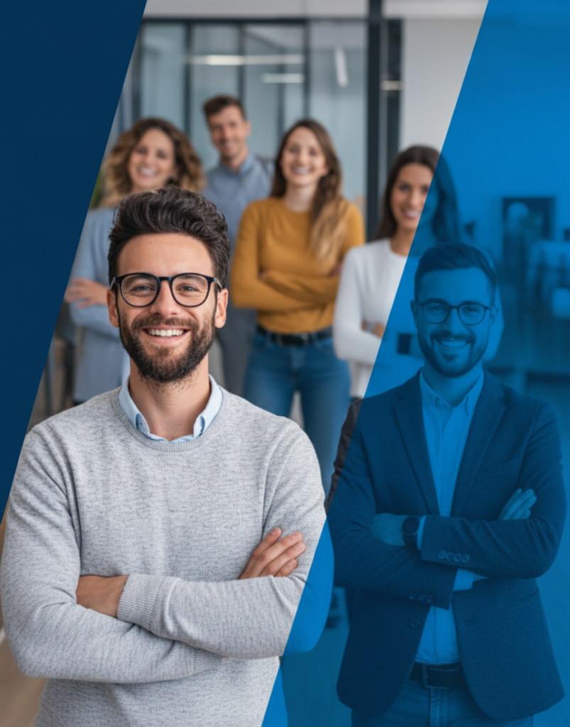 Bestpricevalue.com team photo with office background and blue overlay design