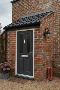 Brick porch with anthracite grey front door and silver handle, letterbox and knocker