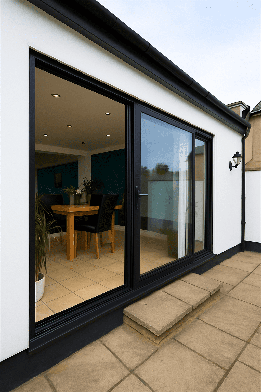 Modern black aluminium bifold doors with slim frames opening to a garden, low threshold.