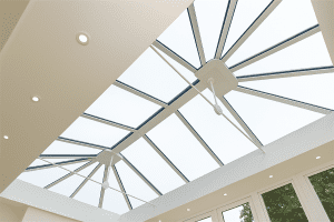Modern orangery roof lantern with energy-efficient glazing and recessed LED lighting