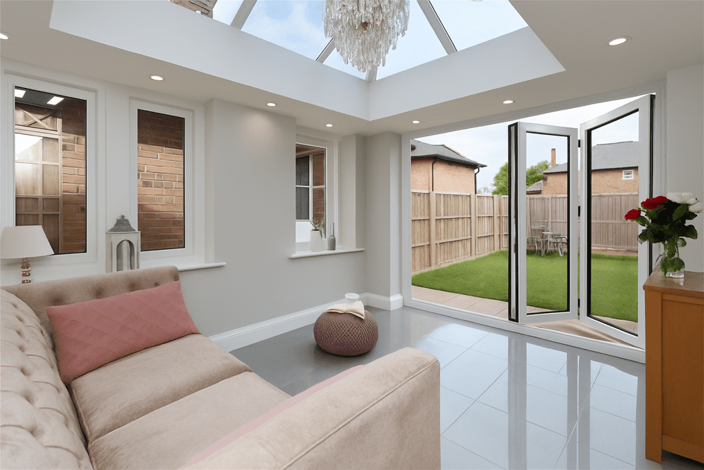 Modern orangery extension with white bifold doors opening onto a garden patio