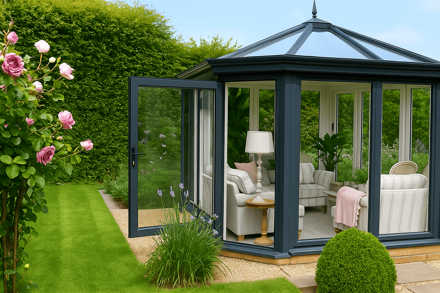 Modern orangery with anthracite frames, open glass door and lush garden, reflection-free glazing