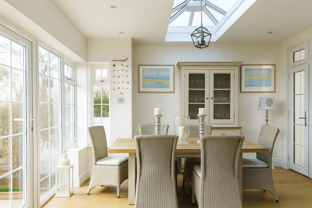 Bright orangery dining room with glass roof lantern and white framed windows