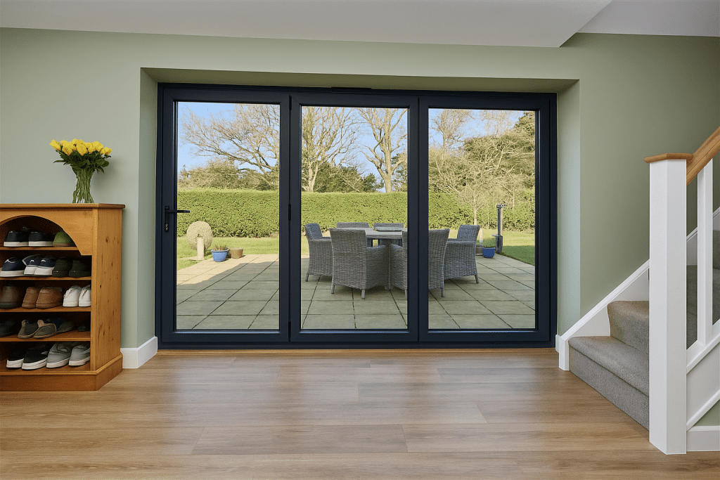 Modern anthracite bifold doors with secure multi-point locking opening to a garden