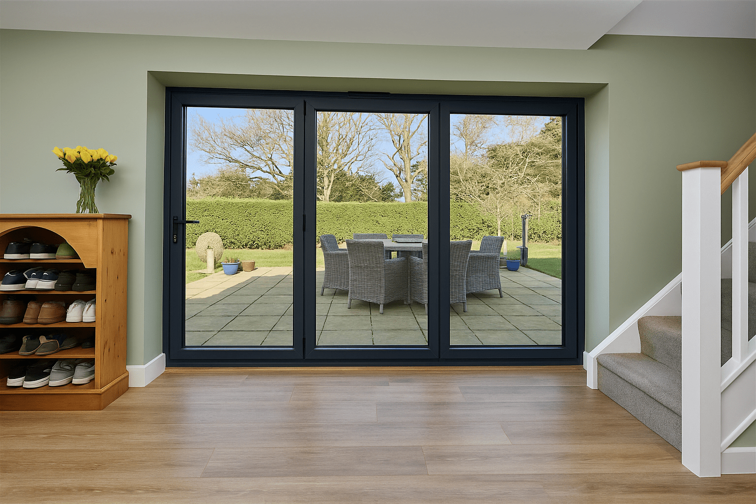Modern anthracite bifold doors with secure multi-point locking opening to a garden