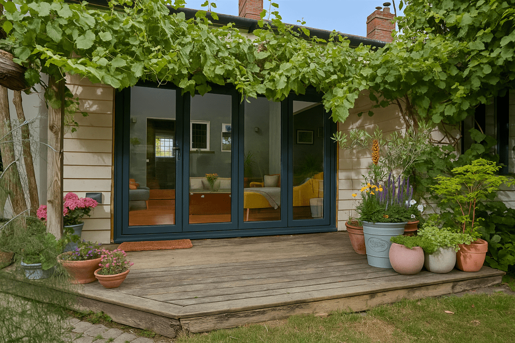 Anthracite aluminium bifold doors opening onto a garden deck, showing the bifold door threshold detail.