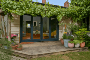 Anthracite aluminium bifold doors opening onto a garden deck, showing the bifold door threshold detail.