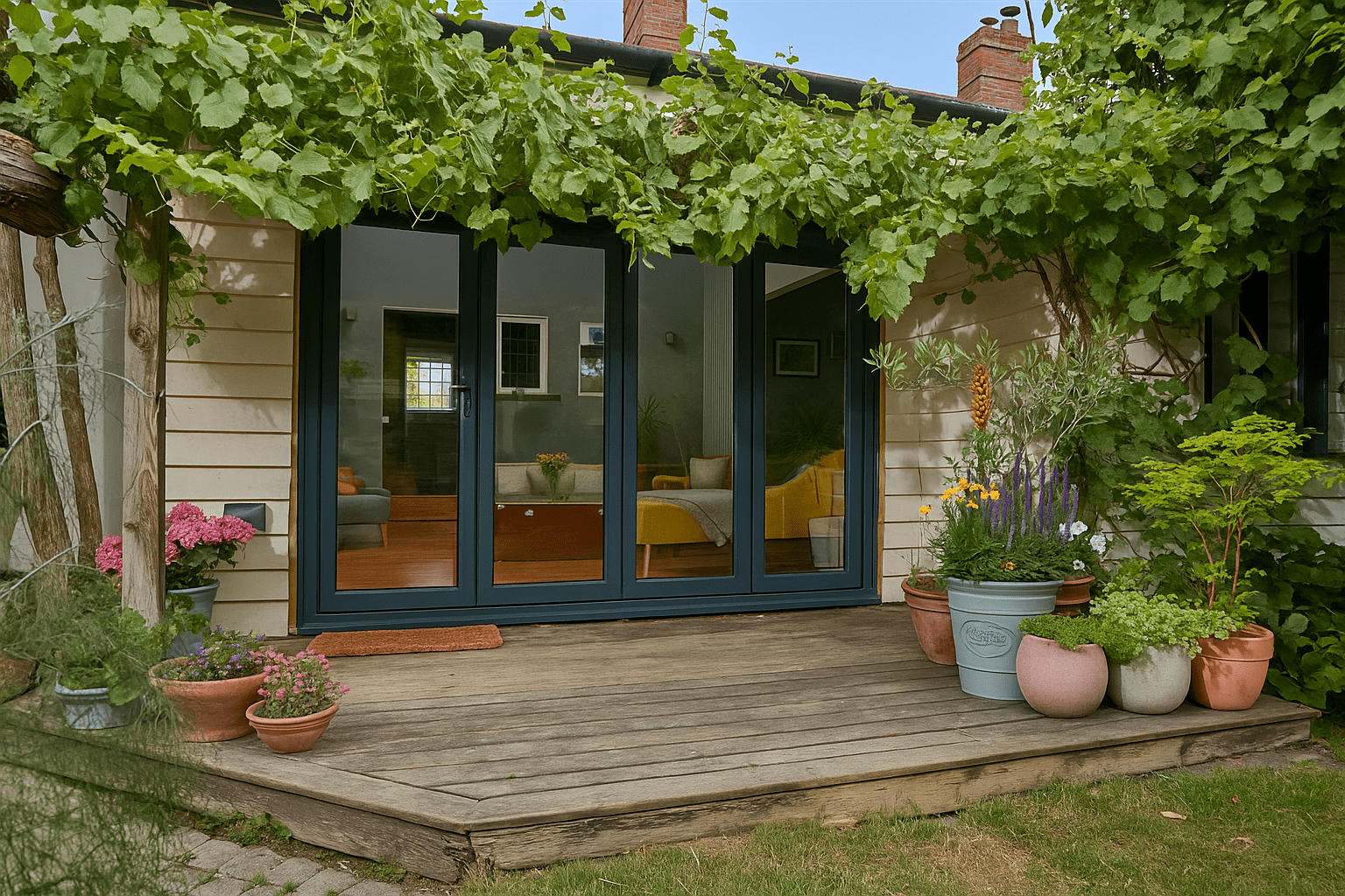 Anthracite aluminium bifold doors opening onto a garden deck, showing the bifold door threshold detail.