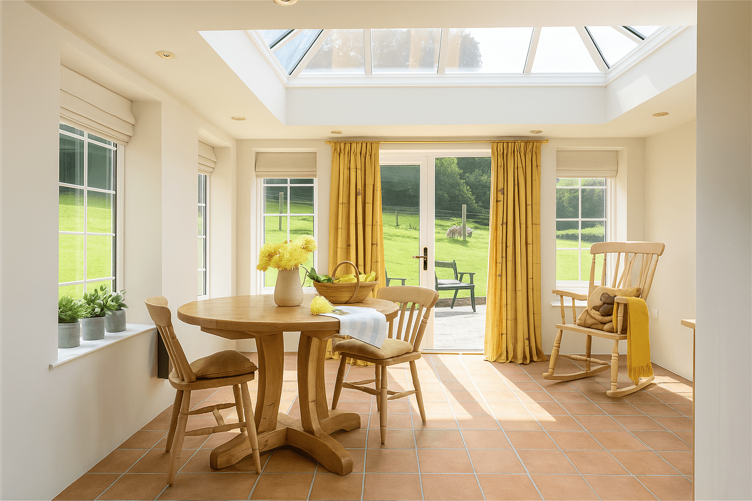 Bright orangery-style extension with glass roof lantern and dining area