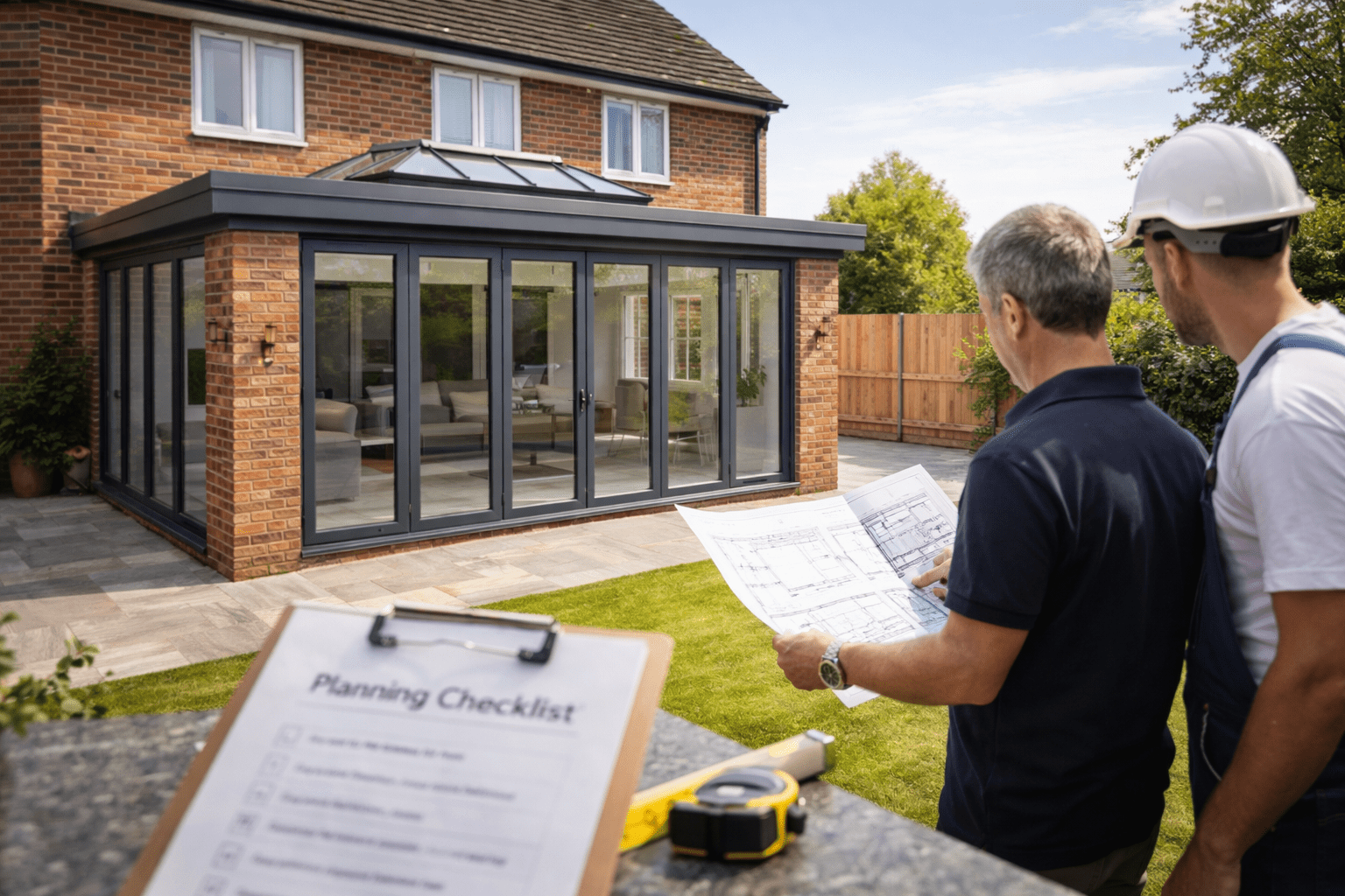 Homeowner and builder reviewing plans in a UK garden beside a modern orangery extension with a roof lantern.