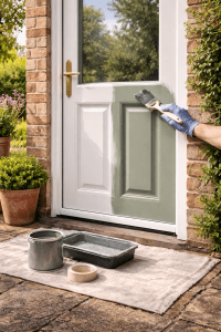 Hand painting a sun-faded uPVC back door a fresh sage green in a sunny UK garden