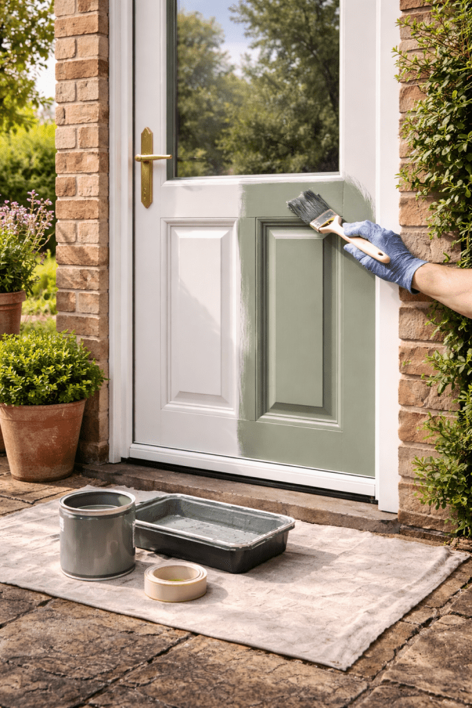 Hand painting a sun-faded uPVC back door a fresh sage green in a sunny UK garden