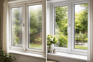 Comparison of old worn uPVC window and new modern energy-efficient uPVC window in a UK home.