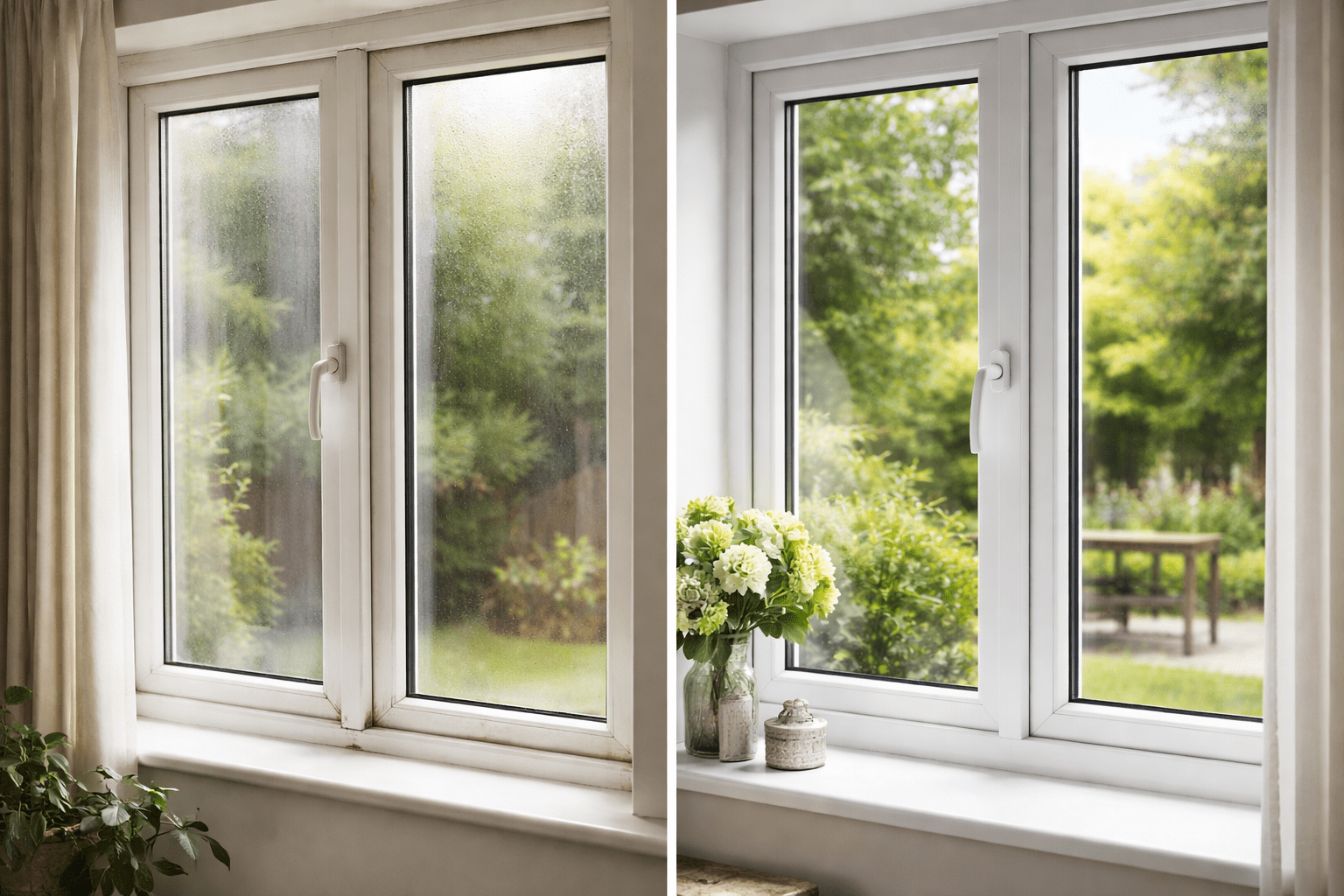 Comparison of old worn uPVC window and new modern energy-efficient uPVC window in a UK home.