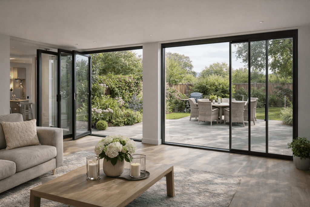 Modern UK home with large garden opening showing bifold doors on one side and sliding doors on the other for comparison.