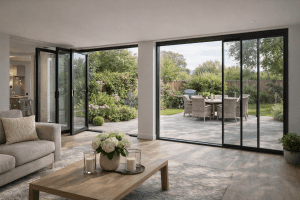 Modern UK home with large garden opening showing bifold doors on one side and sliding doors on the other for comparison.