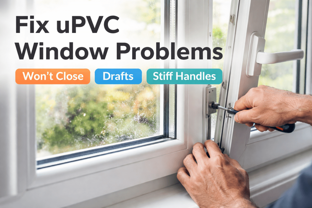 Close-up of a person adjusting the lock mechanism on a white uPVC casement window using a screwdriver.