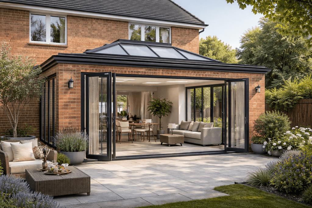 Modern orangery extension with roof lantern opening onto a garden, showing added living space and value.