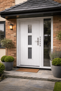 Modern white uPVC front door with reinforced frame and multi-point locking system installed on a UK home.