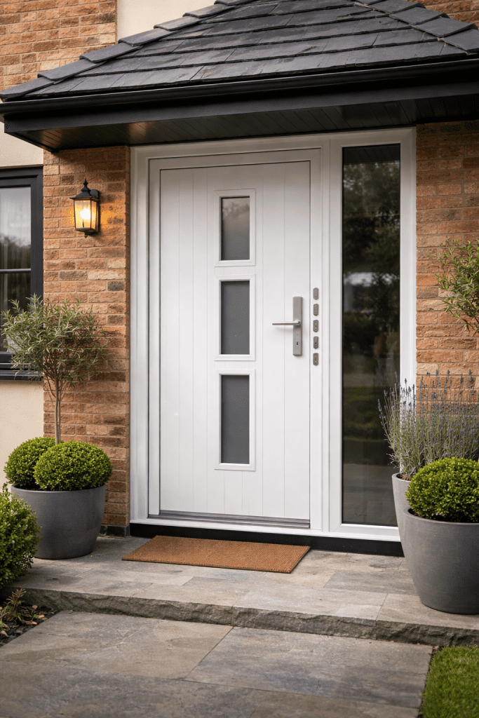 Modern white uPVC front door with reinforced frame and multi-point locking system installed on a UK home.