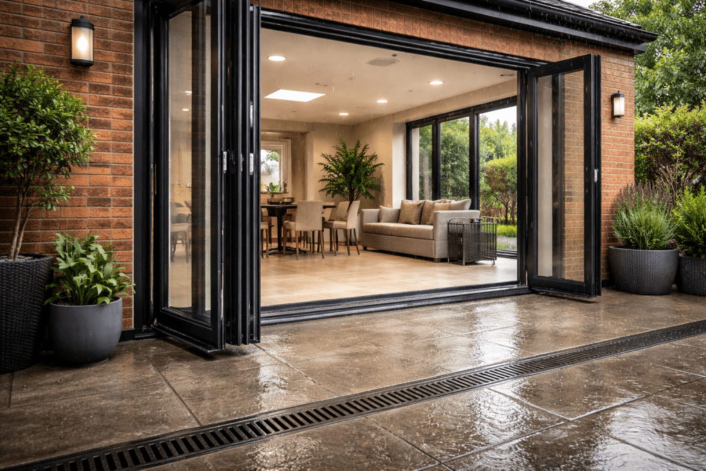 Modern bifold doors installed in a UK home with proper drainage and threshold design to prevent leaks.
