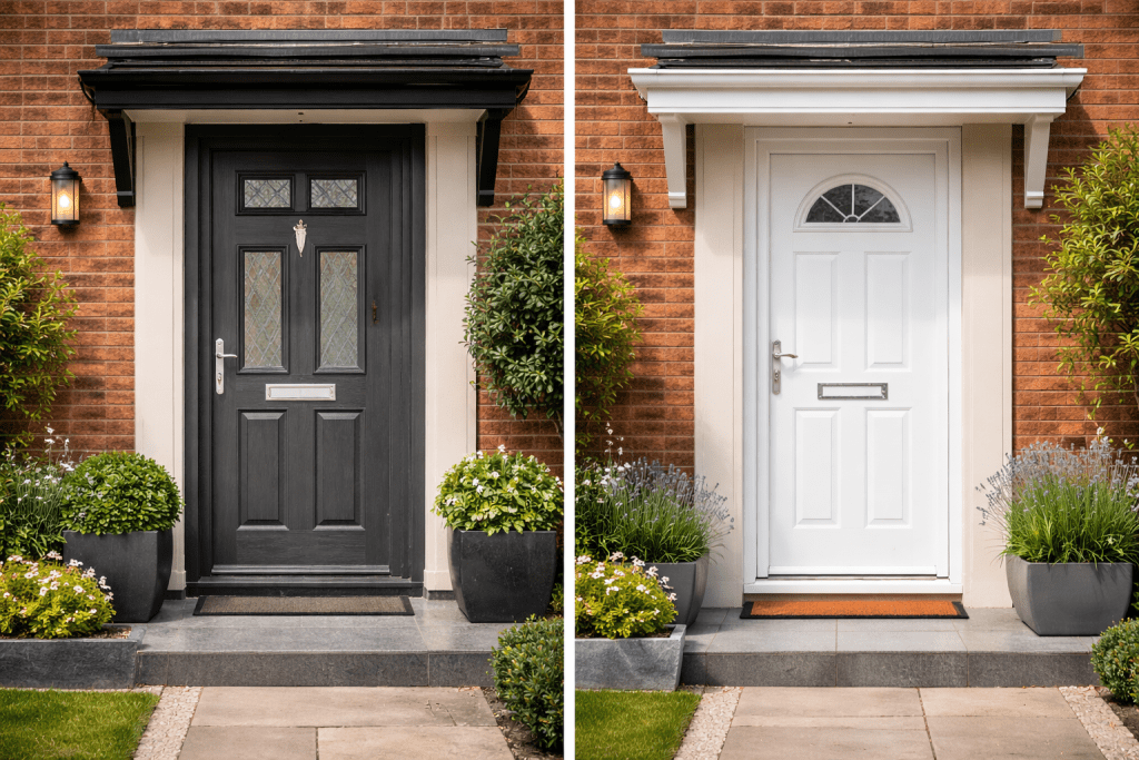 Side by side comparison of a composite front door and a uPVC front door on modern UK homes.