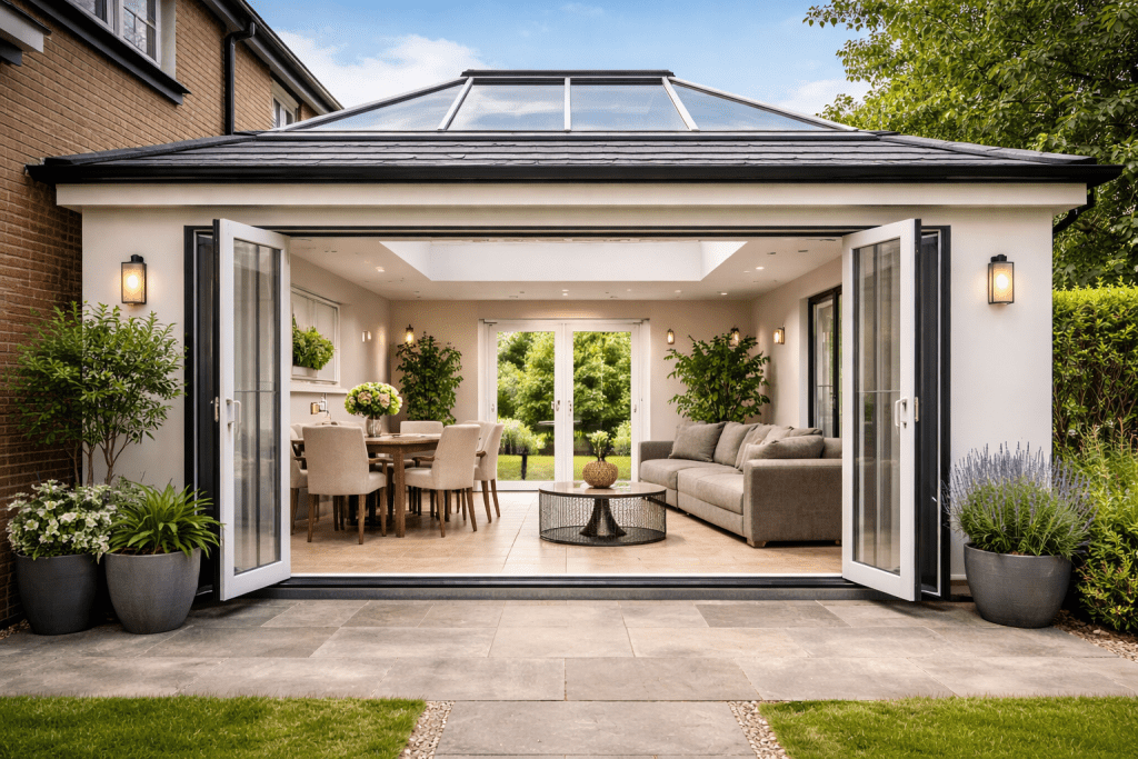 Modern orangery with roof lantern allowing natural light into a UK home extension.