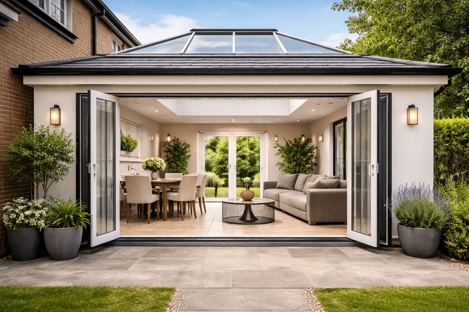Modern orangery with roof lantern allowing natural light into a UK home extension.
