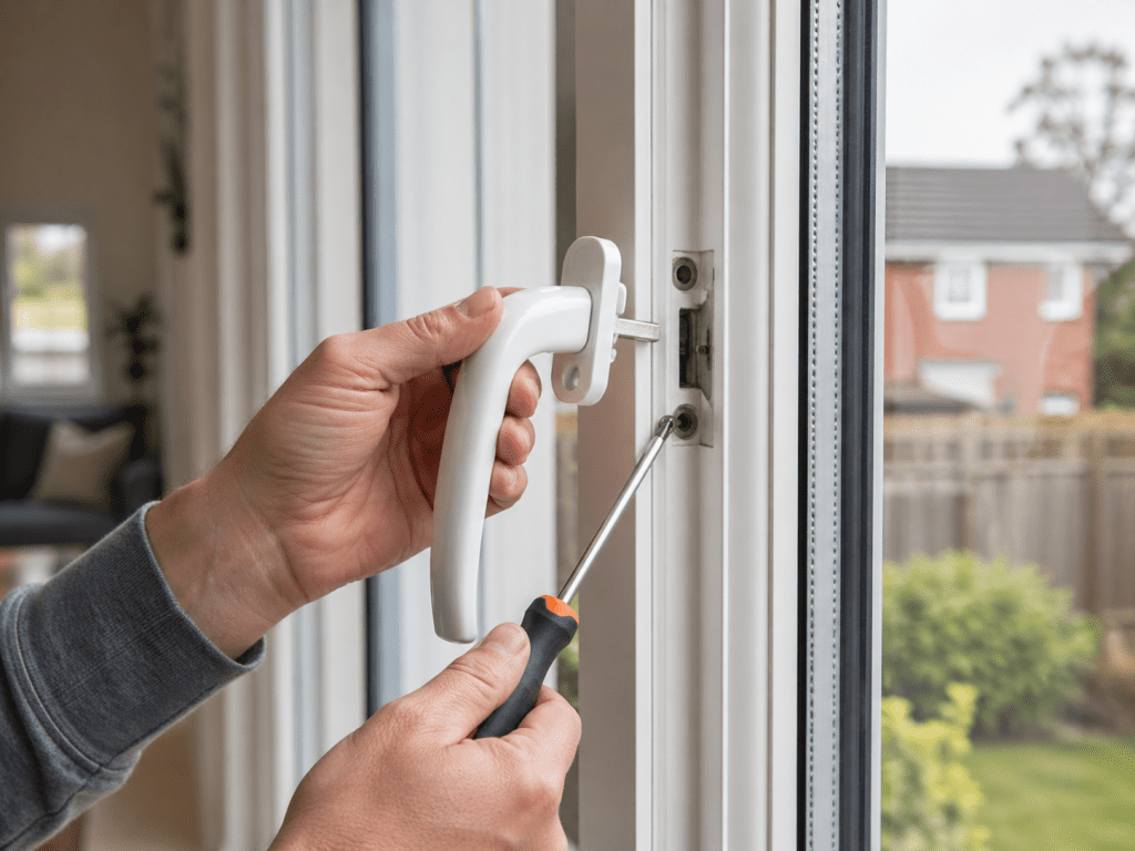 Close-up of a white uPVC window handle being replaced on a modern UK home window