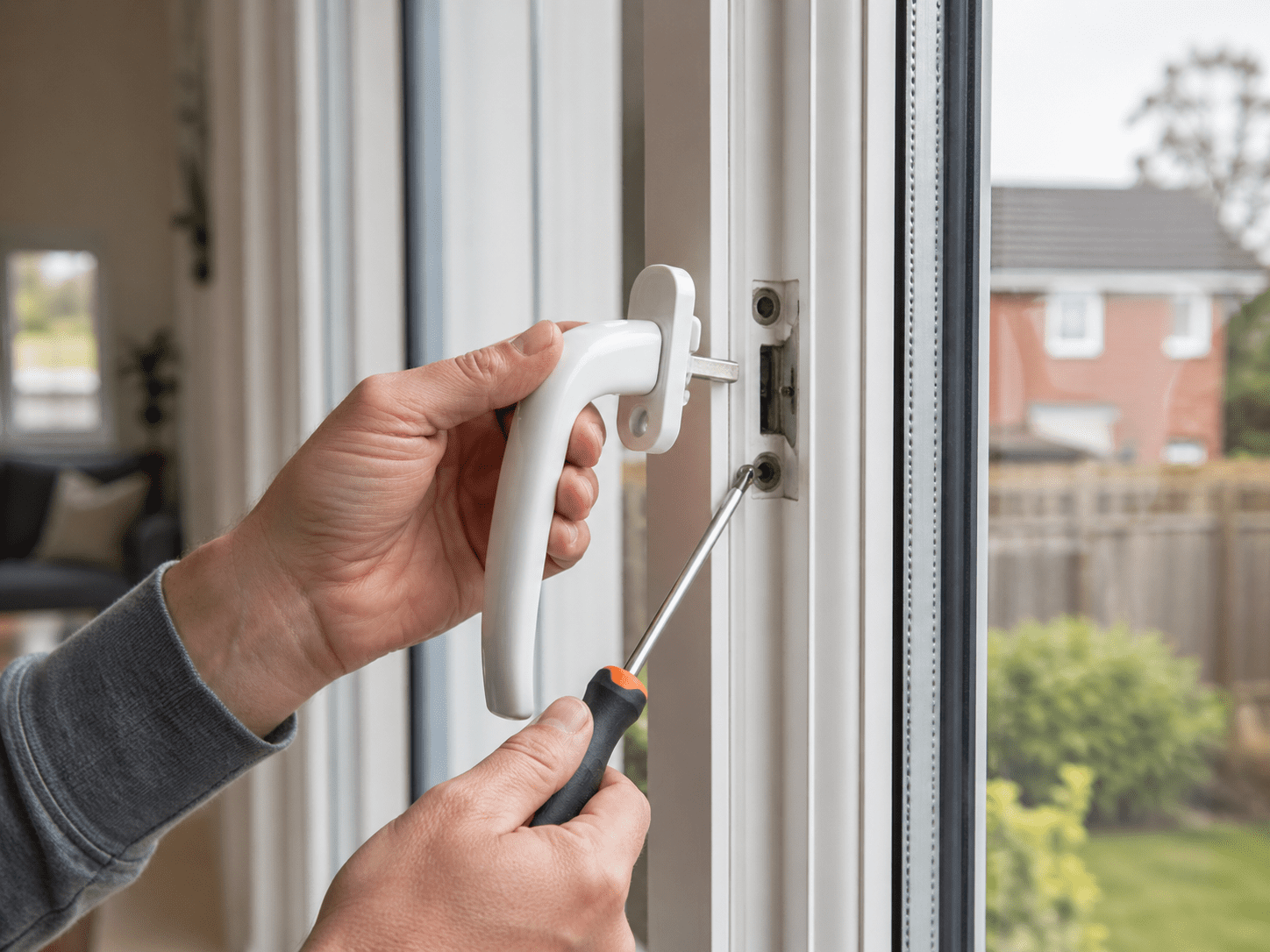 Close-up of a white uPVC window handle being replaced on a modern UK home window