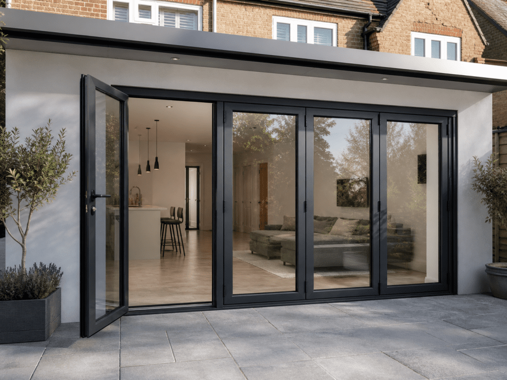 Modern bifold doors with one traffic door open in a UK home extension
