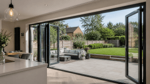 Modern bifold patio doors opening from a UK home onto a garden patio