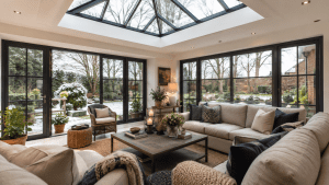 Modern orangery interior in winter with roof lantern, insulated glazing and a warm cosy living setup