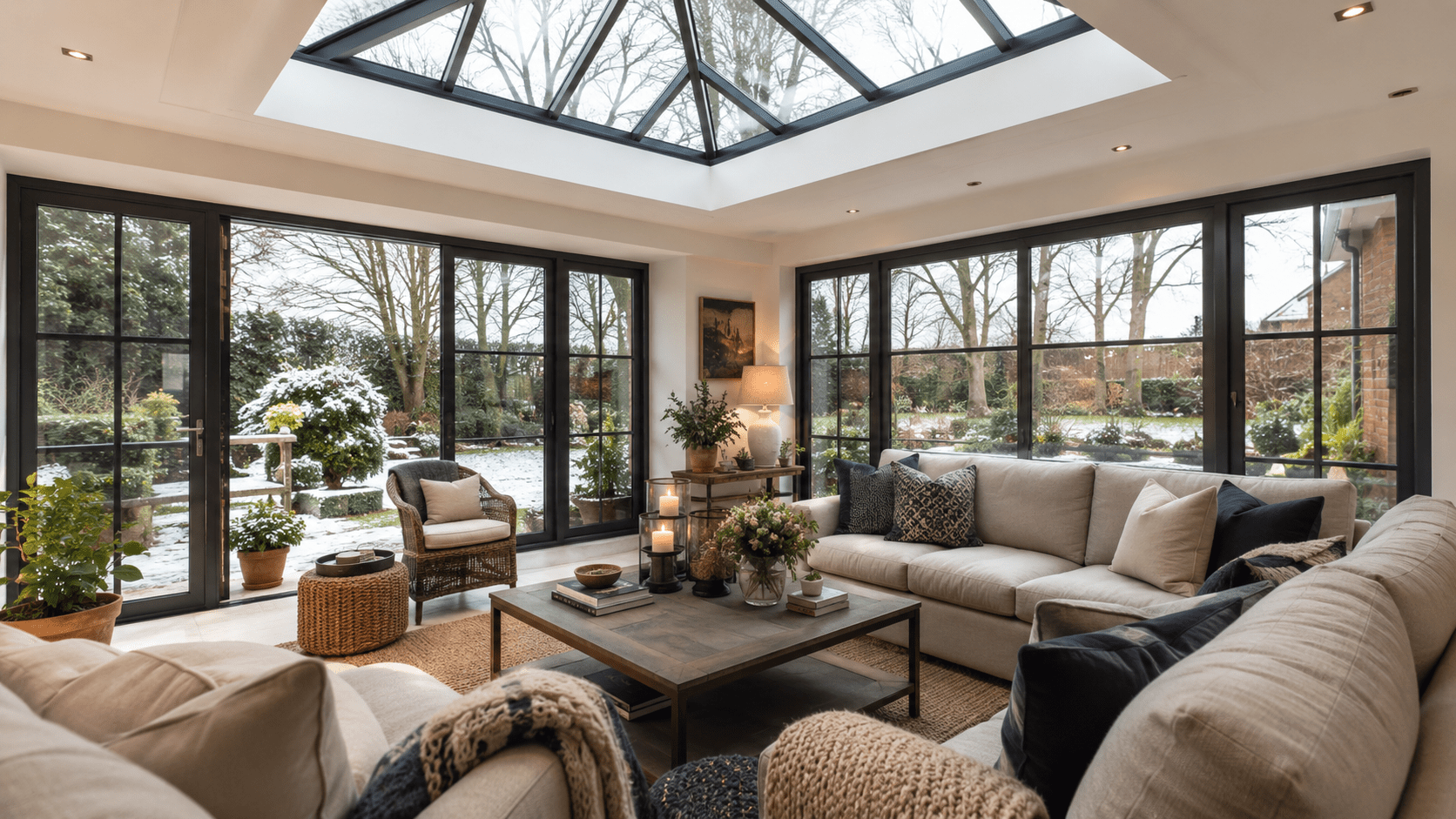 Modern orangery interior in winter with roof lantern, insulated glazing and a warm cosy living setup