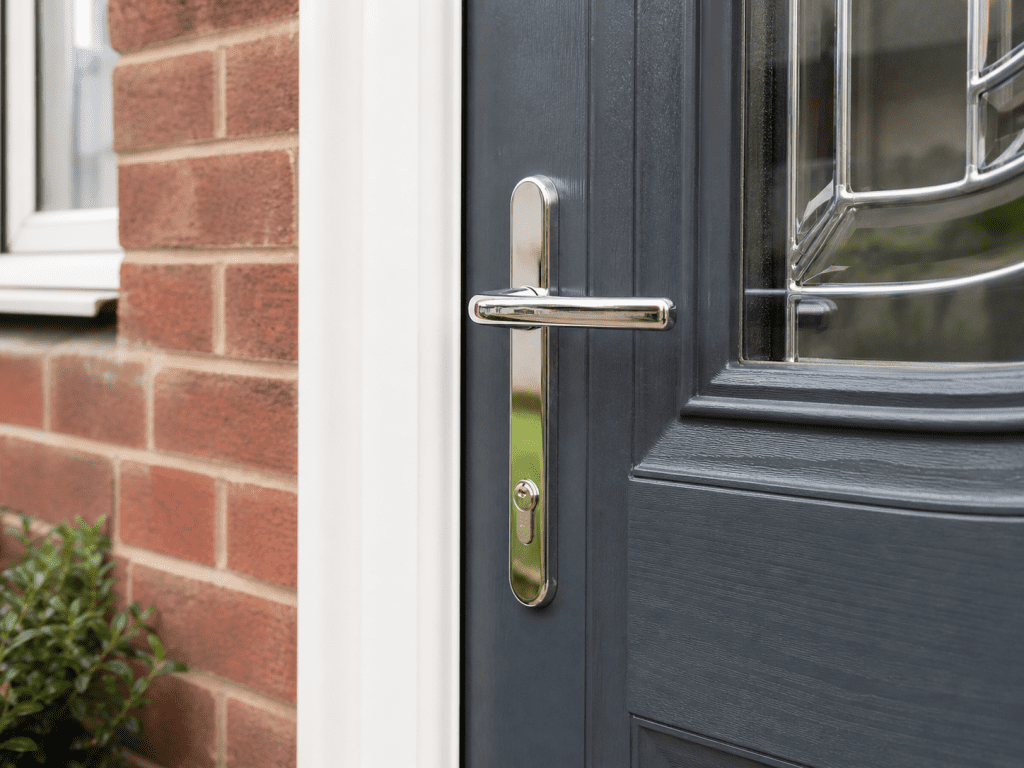 Close-up of a modern uPVC door handle on a UK front door