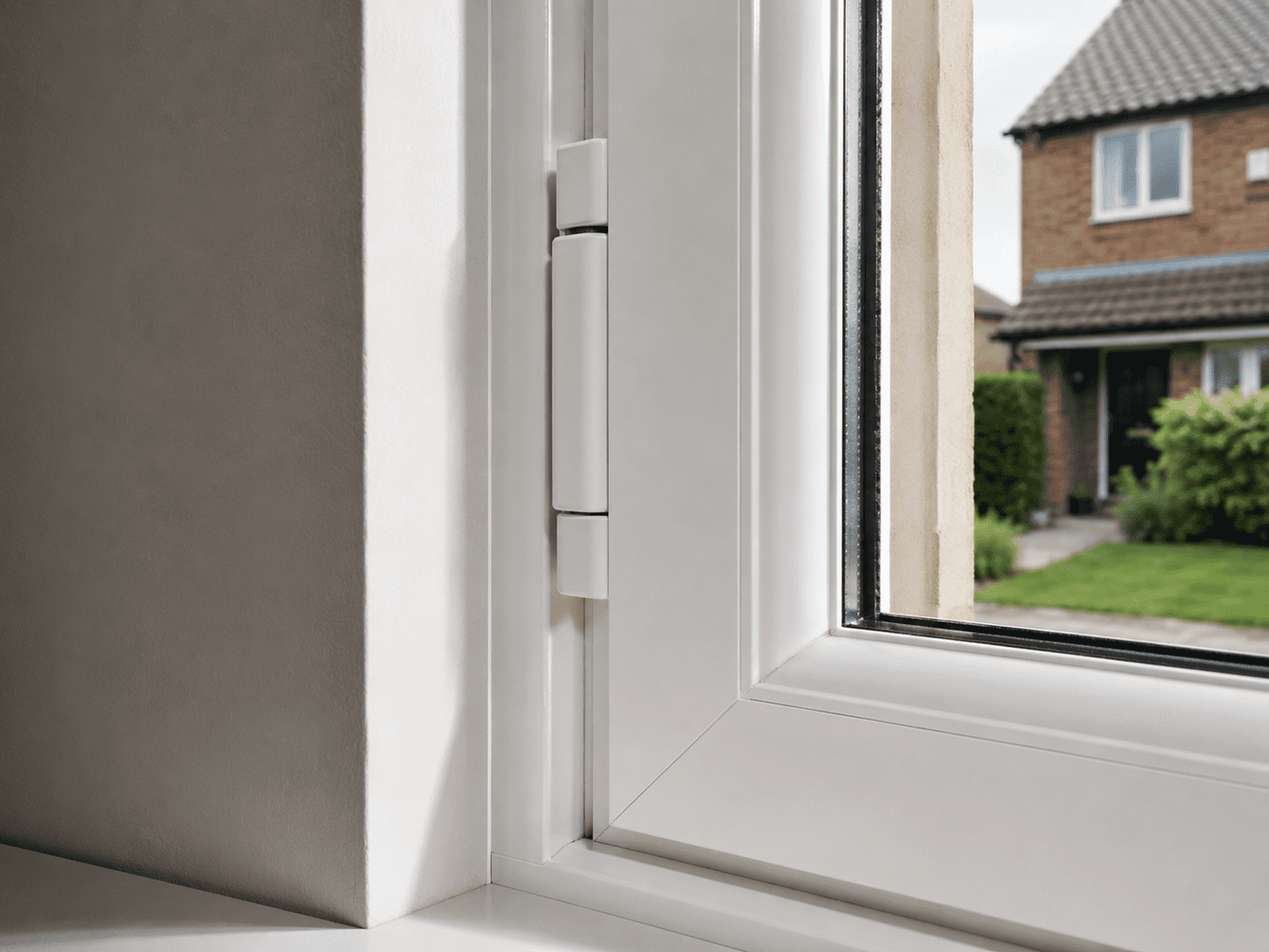 Close-up of a white uPVC window hinge on a modern UK home window