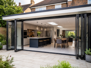 Modern UK kitchen extension with wide aluminium bifold doors showing panel layout and opening size