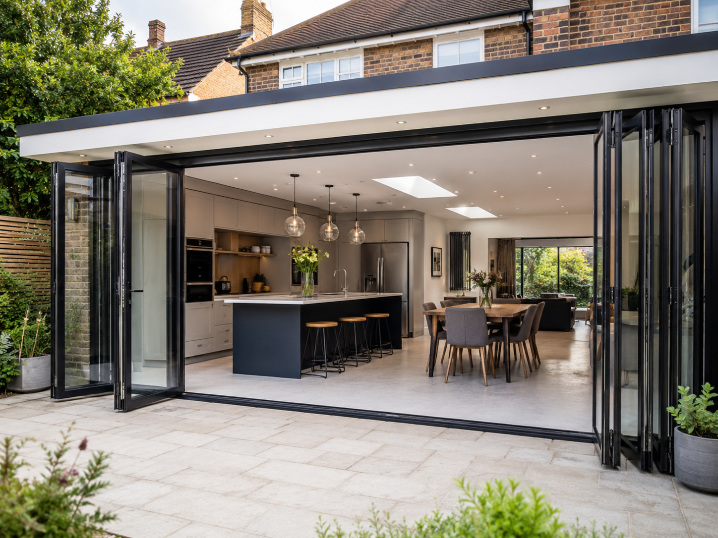 Modern UK kitchen extension with wide aluminium bifold doors showing panel layout and opening size