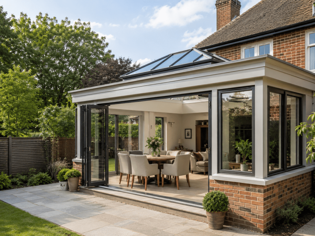 Small modern orangery extension with roof lantern and bright dining space in a UK home