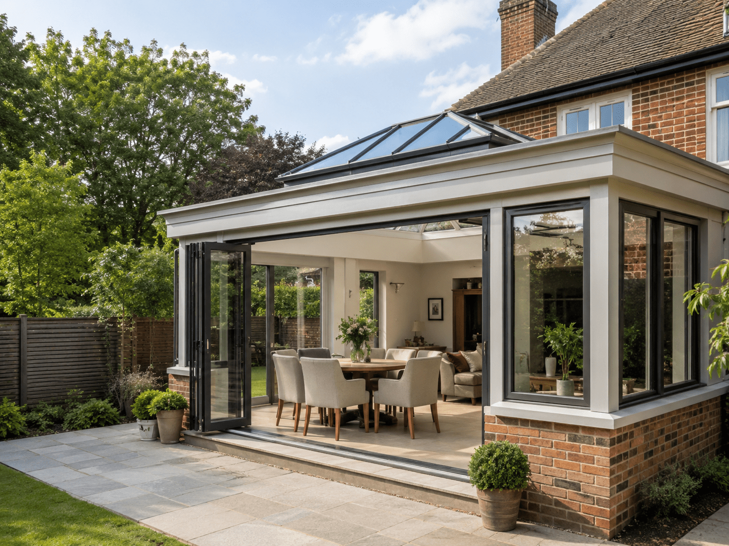 Small modern orangery extension with roof lantern and bright dining space in a UK home