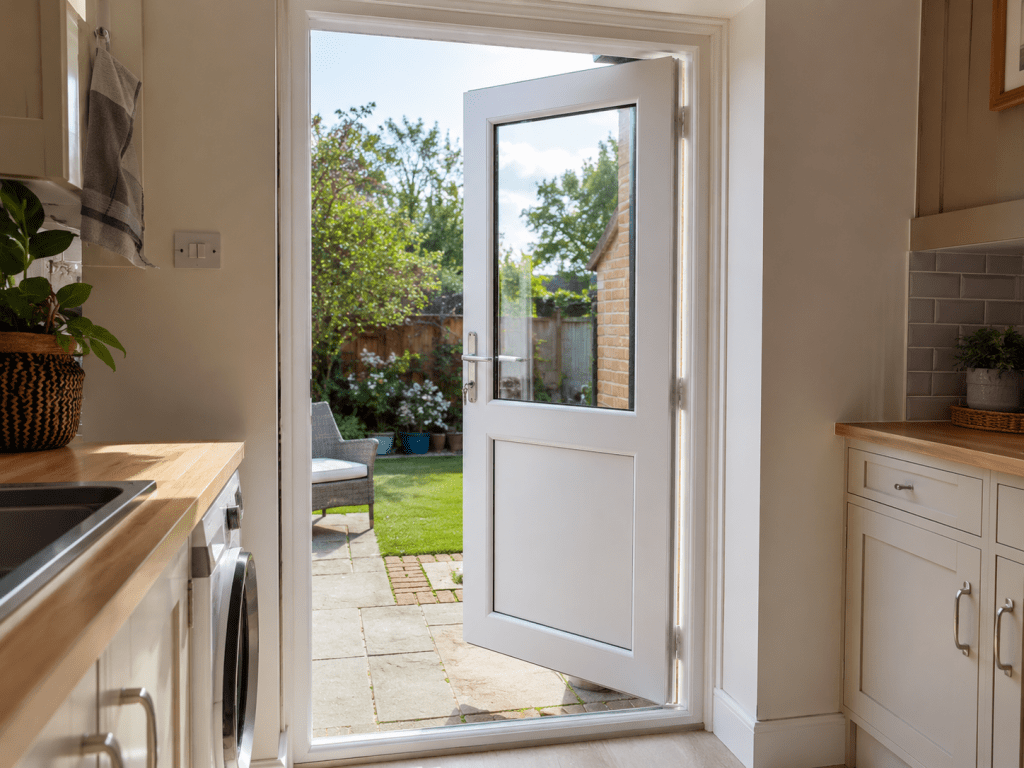 Modern white uPVC back door with glazed panels leading to a UK garden