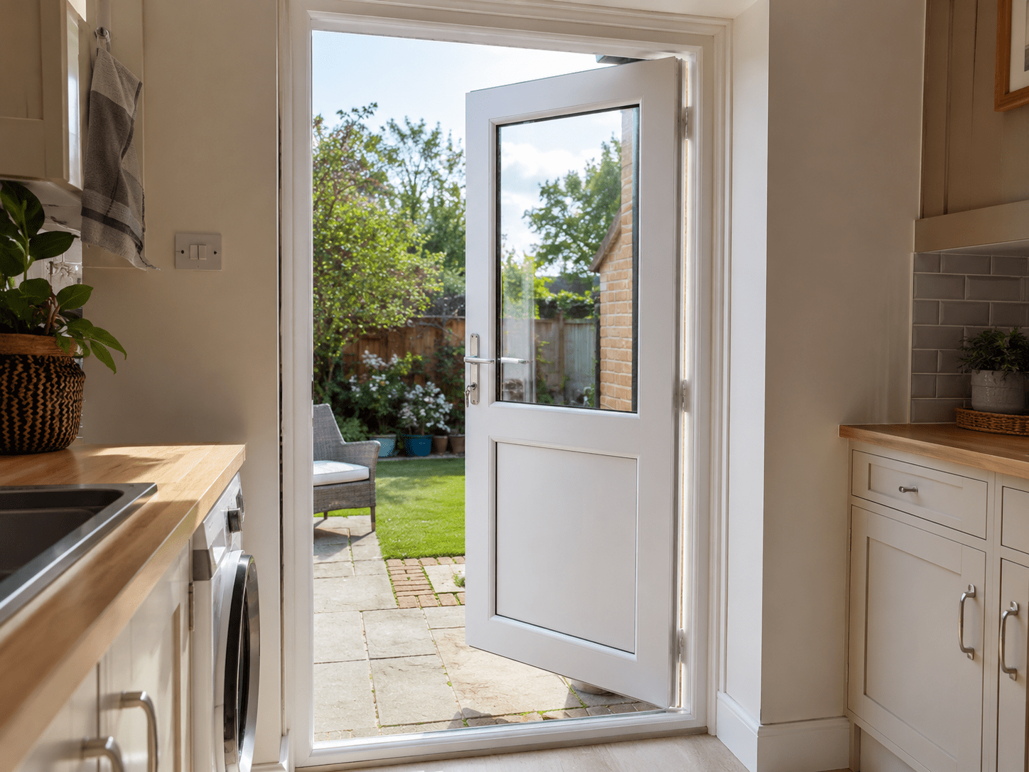 Modern white uPVC back door with glazed panels leading to a UK garden