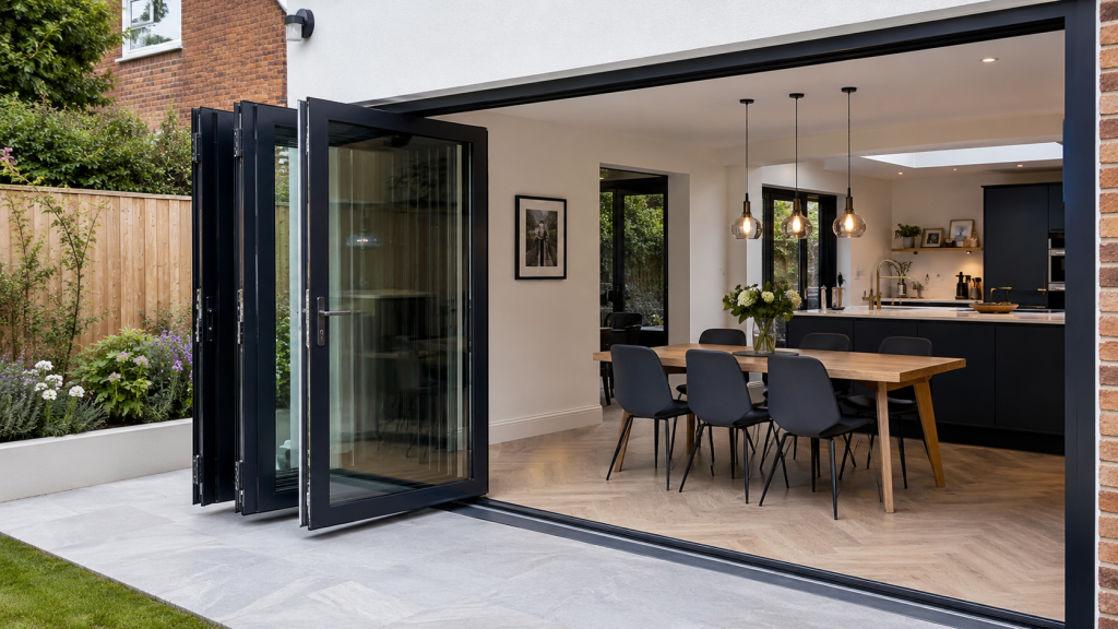 Modern external aluminium bifold doors opening from a UK home onto a garden patio