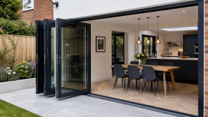 Modern external aluminium bifold doors opening from a UK home onto a garden patio