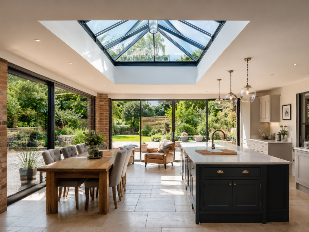 Modern UK kitchen orangery extension with roof lantern, dining area and garden view