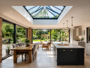 Modern UK kitchen orangery extension with roof lantern, dining area and garden view