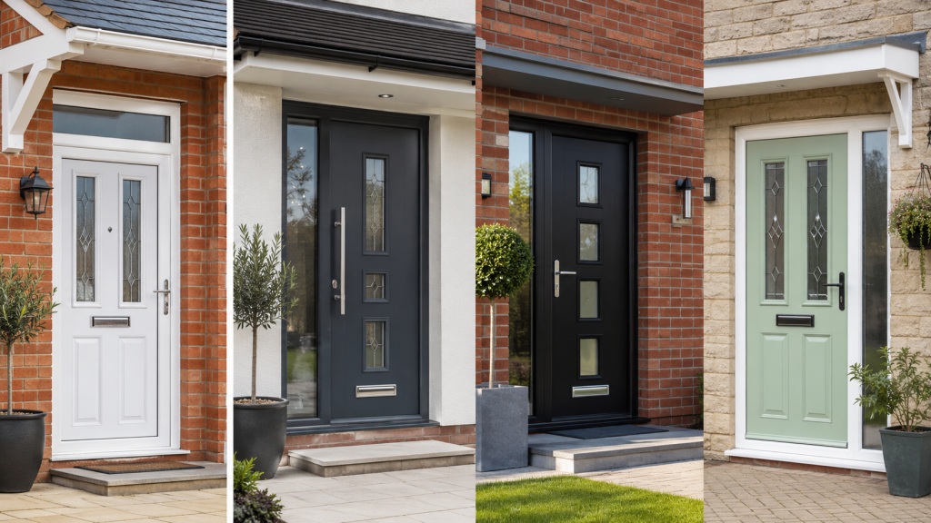 Modern UK home entrance showing coloured uPVC front doors in white, anthracite grey and Chartwell Green